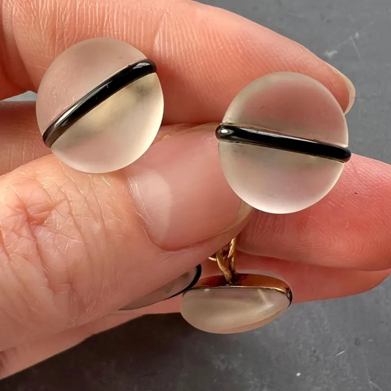 Online Pamono French 18k Yellow Gold Rock Crystal Enamel Stripe Cufflinks, 1930s, Set of 2