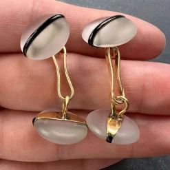 Online Pamono French 18k Yellow Gold Rock Crystal Enamel Stripe Cufflinks, 1930s, Set of 2