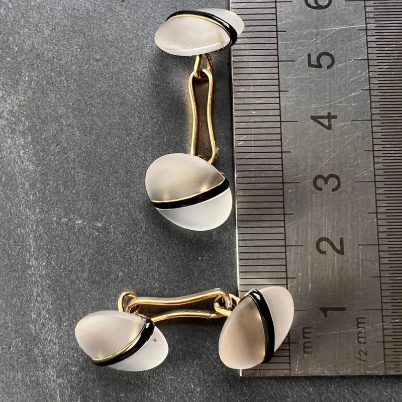 Online Pamono French 18k Yellow Gold Rock Crystal Enamel Stripe Cufflinks, 1930s, Set of 2