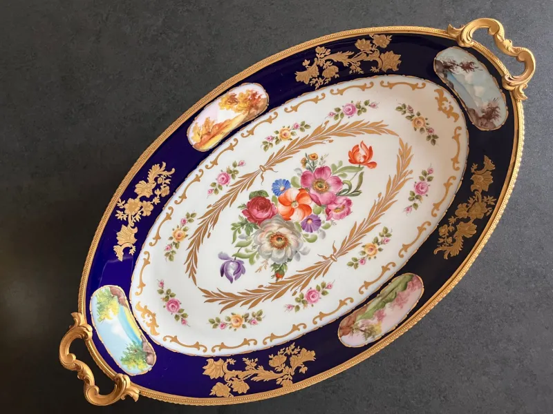 Pamono French Louis XV Hand-Painted Blue Ceramic Stand, 1890s> Serving Dishes