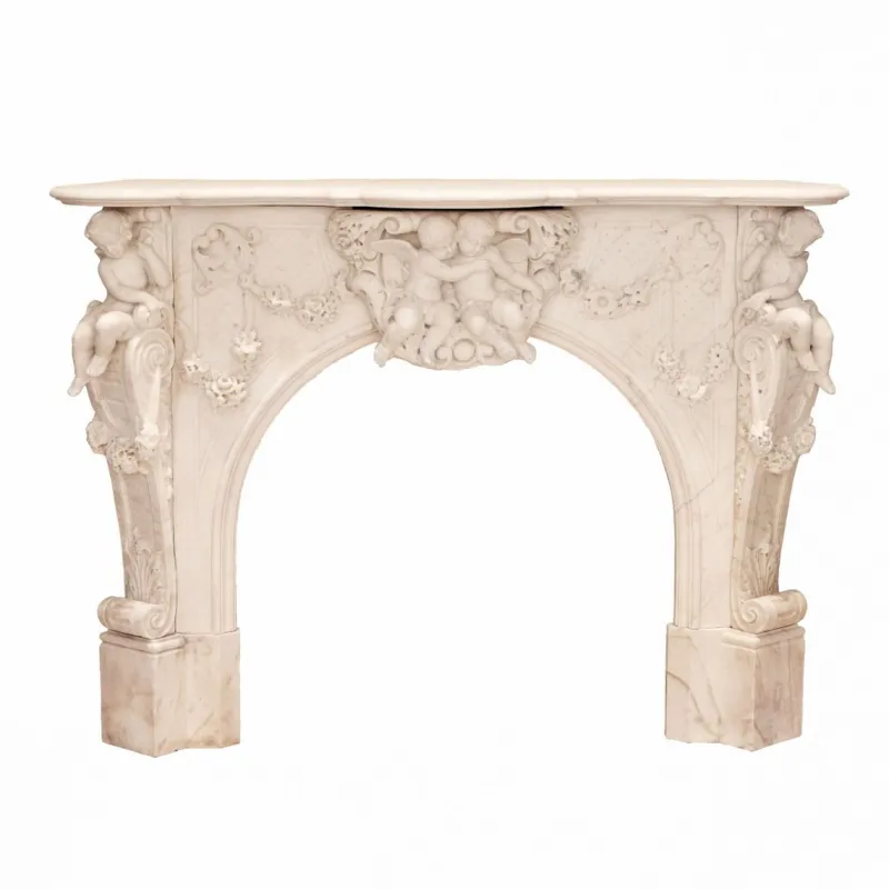 Pamono French Louis XV Style White Marble Fireplace with Cupids, 1800s> Fireplaces And Mantels