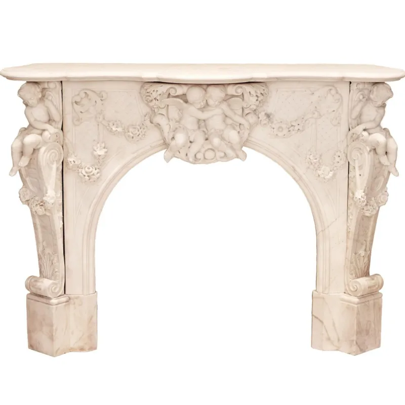 Pamono French Louis XV Style White Marble Fireplace with Cupids, 1800s> Fireplaces And Mantels