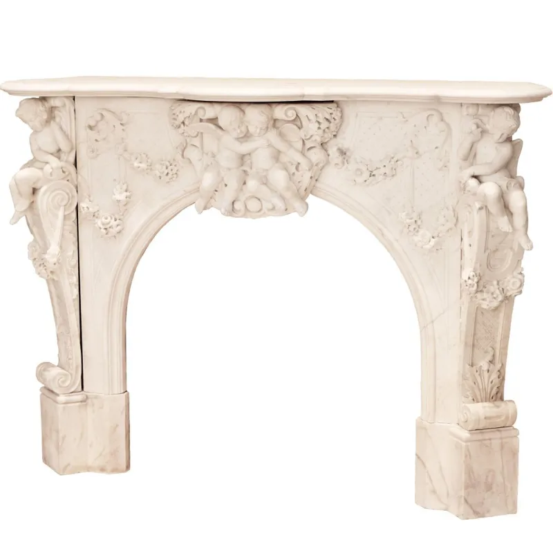 Pamono French Louis XV Style White Marble Fireplace with Cupids, 1800s> Fireplaces And Mantels