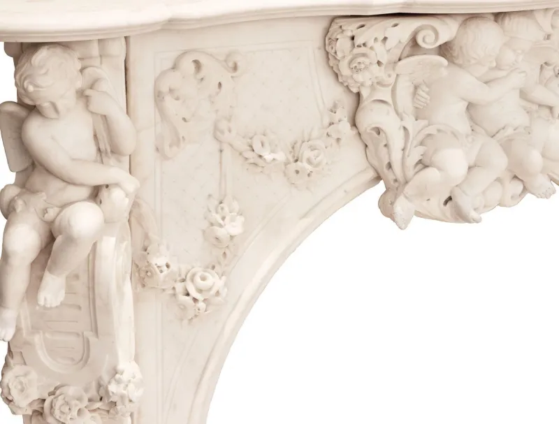 Pamono French Louis XV Style White Marble Fireplace with Cupids, 1800s> Fireplaces And Mantels