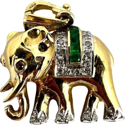 Pamono French Lucky Elephant Emerald Diamond Ruby 18k Yellow Gold Charm Pendant, 1950s> Necklaces