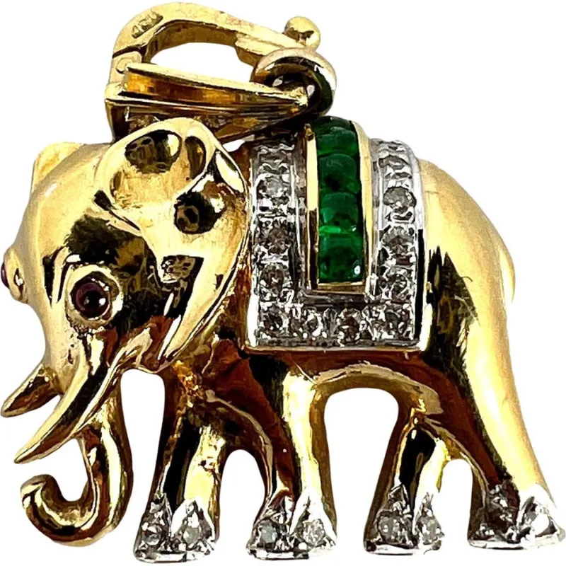 Pamono French Lucky Elephant Emerald Diamond Ruby 18k Yellow Gold Charm Pendant, 1950s> Necklaces