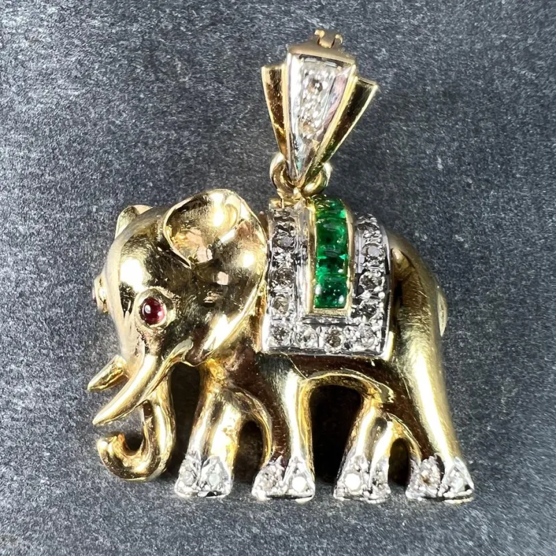 Pamono French Lucky Elephant Emerald Diamond Ruby 18k Yellow Gold Charm Pendant, 1950s> Necklaces