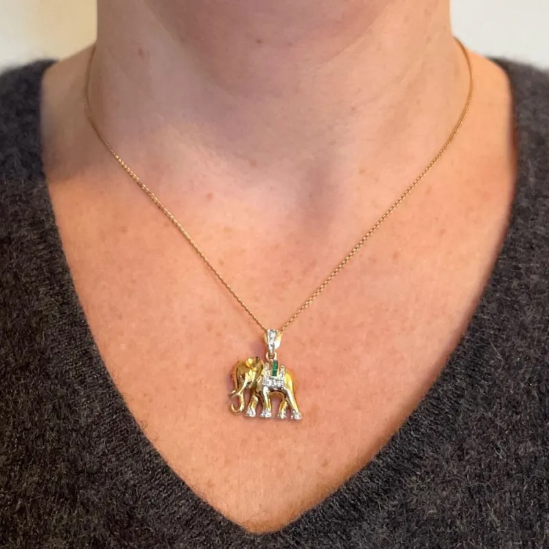 Pamono French Lucky Elephant Emerald Diamond Ruby 18k Yellow Gold Charm Pendant, 1950s> Necklaces