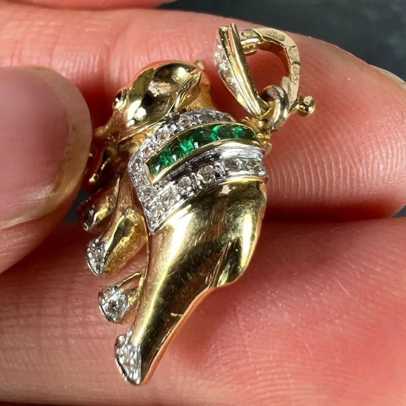Pamono French Lucky Elephant Emerald Diamond Ruby 18k Yellow Gold Charm Pendant, 1950s> Necklaces