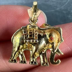 Pamono French Lucky Elephant Emerald Diamond Ruby 18k Yellow Gold Charm Pendant, 1950s><noscript><img width=