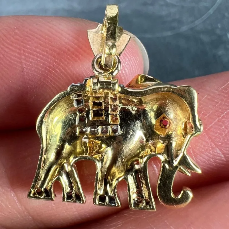 Pamono French Lucky Elephant Emerald Diamond Ruby 18k Yellow Gold Charm Pendant, 1950s> Necklaces