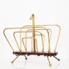Pamono French Magazine Rack in Brass and Wood attributed to Jacques Adnet, 20th Century> Magazine Racks