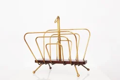 Pamono French Magazine Rack in Brass and Wood attributed to Jacques Adnet, 20th Century> Magazine Racks
