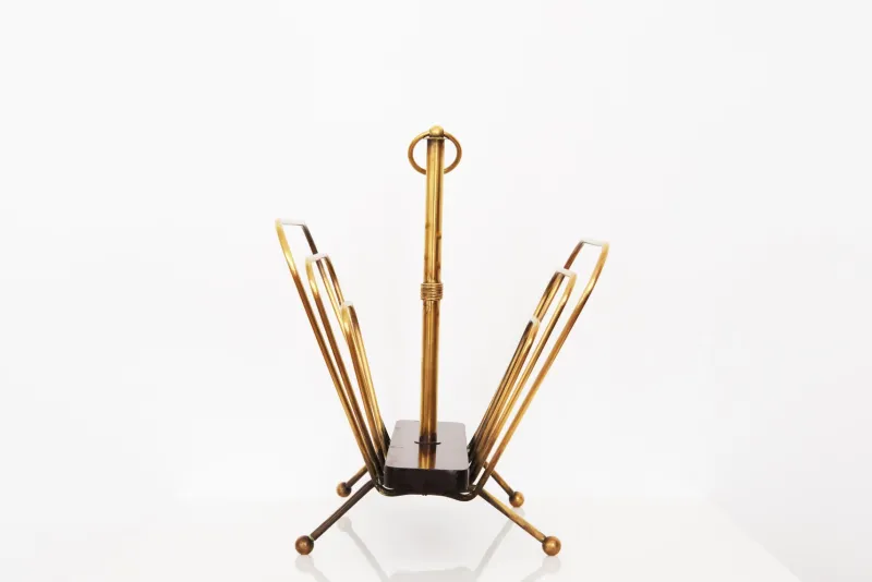 Pamono French Magazine Rack in Brass and Wood attributed to Jacques Adnet, 20th Century> Magazine Racks