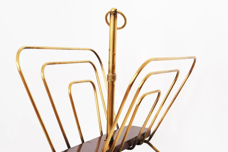 Pamono French Magazine Rack in Brass and Wood attributed to Jacques Adnet, 20th Century> Magazine Racks