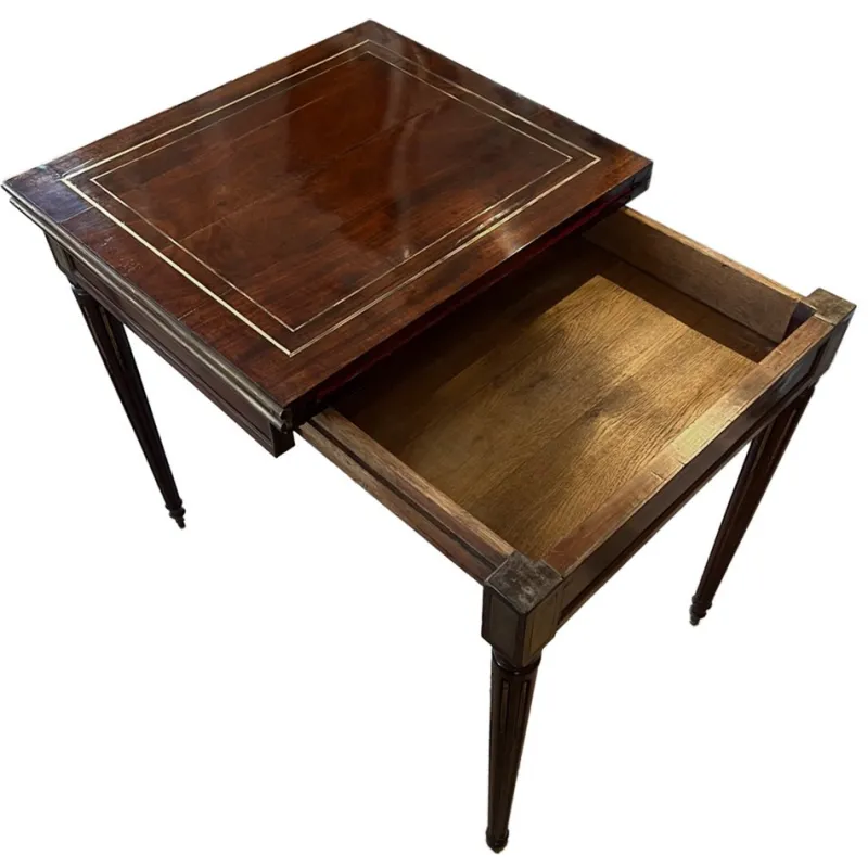 Pamono French Mahogany Card Table with Crimson Baize Game Surface and Brass Inlay, Mid-19th Century> Game Tables