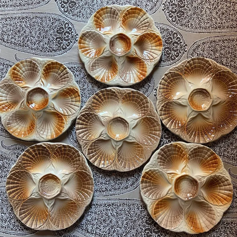 Pamono French Majolica Oyster Shell Plates from Sarreguemines, 1950s, Set of 6> Dinner Plates & Bowls
