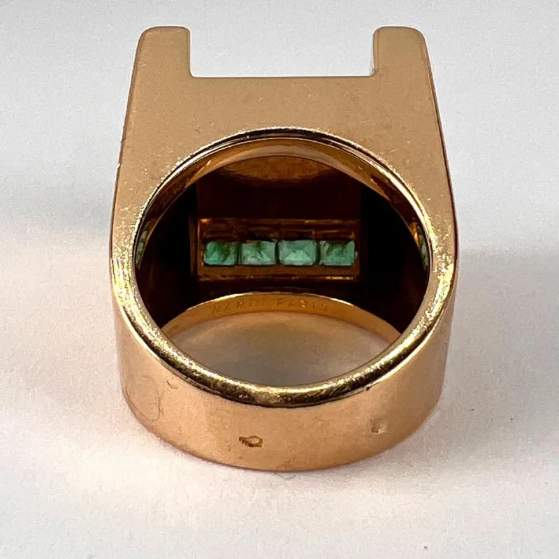 New Pamono French Marin Paris Green Emerald 18 Karat Yellow Gold Tank Pinky Ring, 1940s