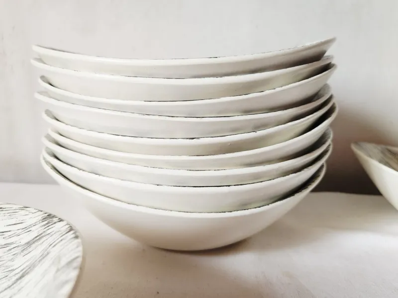 Pamono French Matt Glazed Ceramic Dessert Bowls with Black Olive Leaf from Salins Toledo, 1960s, Set of 11> Bowls