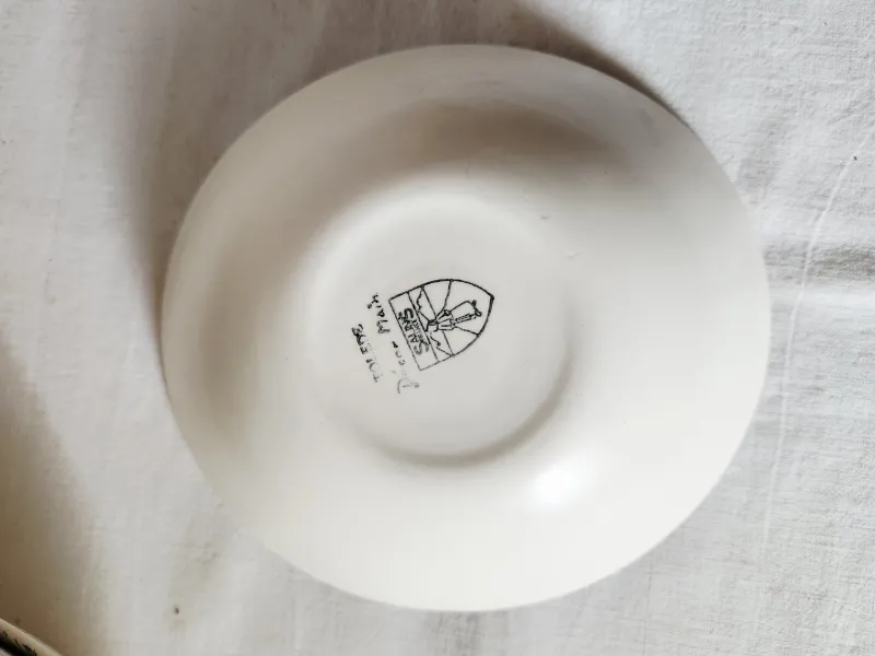 Pamono French Matt Glazed Ceramic Dessert Bowls with Black Olive Leaf from Salins Toledo, 1960s, Set of 11> Bowls