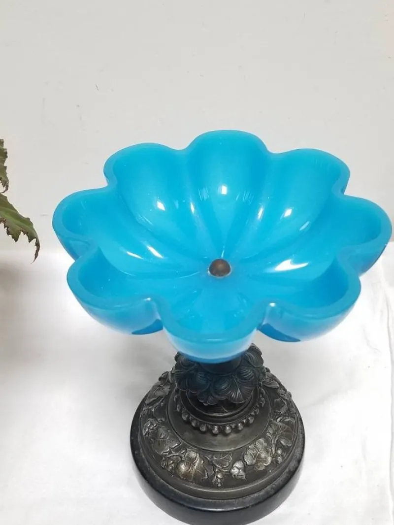 Pamono French Napoleon III Blue Opaline Glass Compotiere Table Centerpiece, 1890s> Bowls