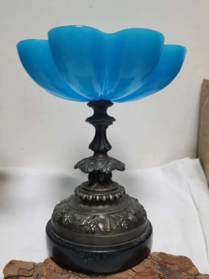 Pamono French Napoleon III Blue Opaline Glass Compotiere Table Centerpiece, 1890s> Bowls