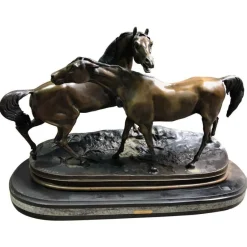 Discount Pamono French Patinated Bronze Miniature Figure of Two Horses by P. J. Mene