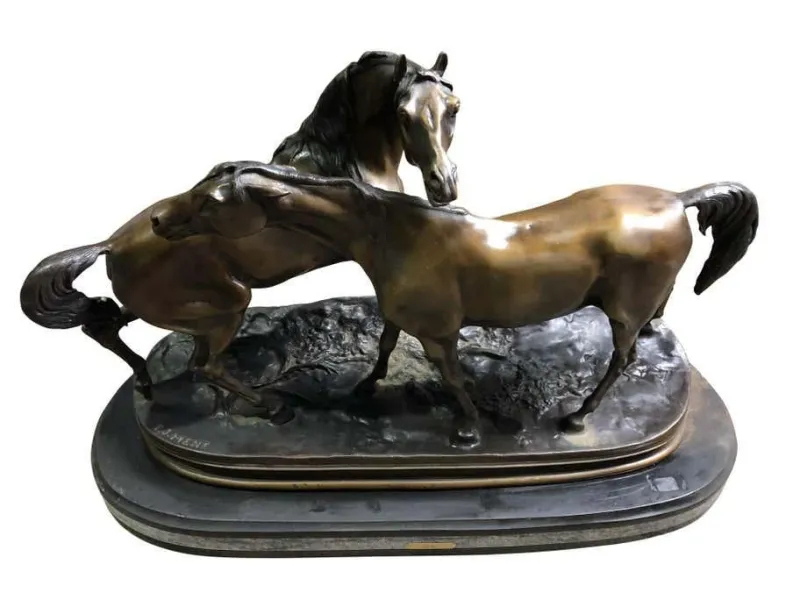 Discount Pamono French Patinated Bronze Miniature Figure of Two Horses by P. J. Mene