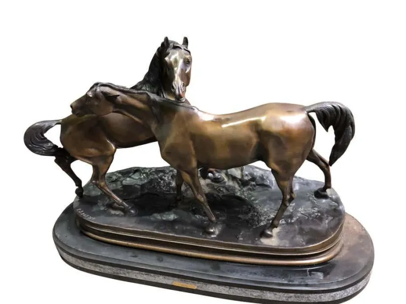 Discount Pamono French Patinated Bronze Miniature Figure of Two Horses by P. J. Mene