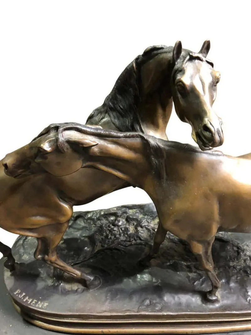 Discount Pamono French Patinated Bronze Miniature Figure of Two Horses by P. J. Mene