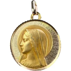 New Pamono French Perroud Virgin Mary 18k Yellow Gold Medal Pendant from Dropsy, 1930s