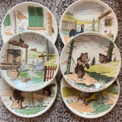 Pamono French Plates by Benjamin Rabier for Sarreguemines, 1930s, Set of 6> Dinner Plates & Bowls