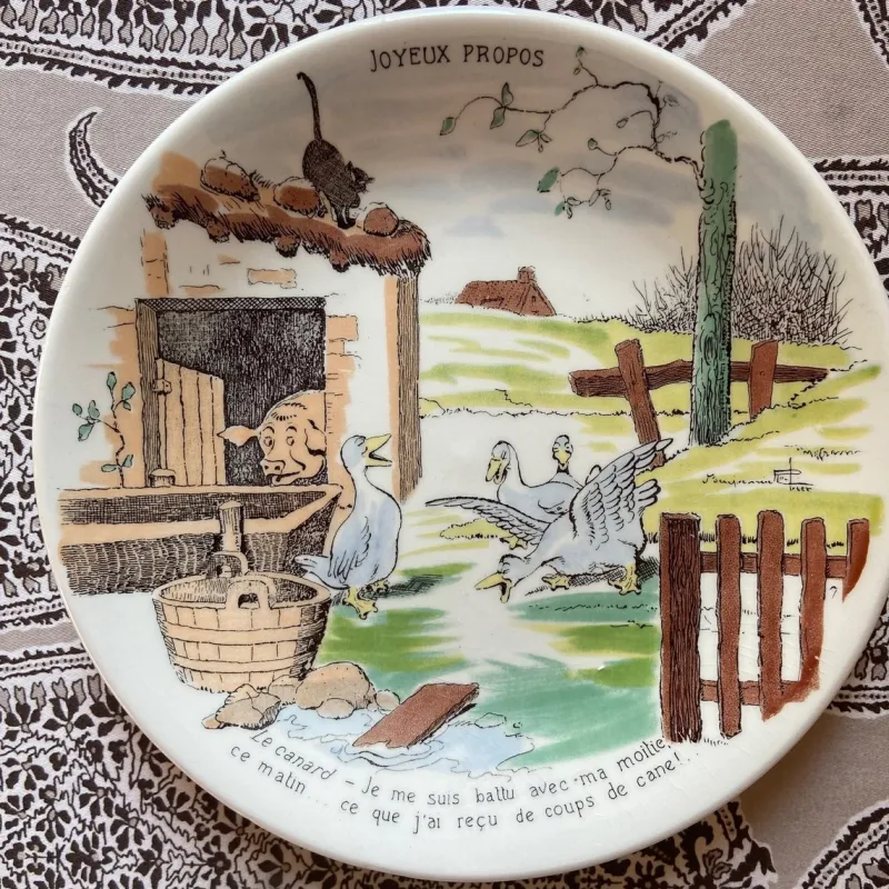Pamono French Plates by Benjamin Rabier for Sarreguemines, 1930s, Set of 6> Dinner Plates & Bowls