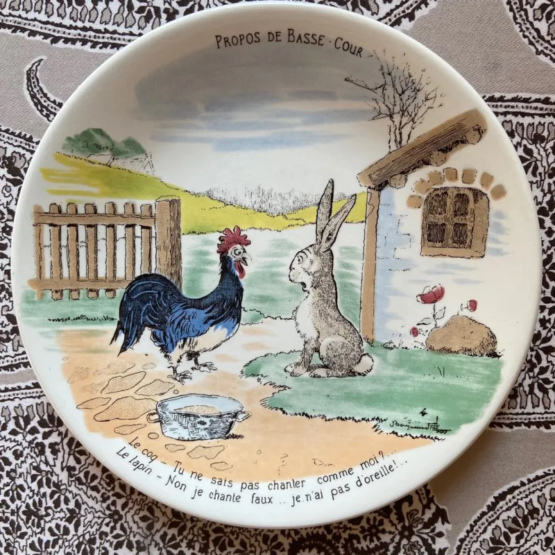 Pamono French Plates by Benjamin Rabier for Sarreguemines, 1930s, Set of 6> Dinner Plates & Bowls