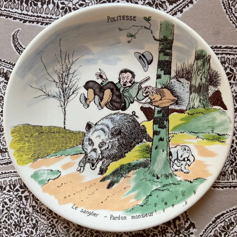 Pamono French Plates by Benjamin Rabier for Sarreguemines, 1930s, Set of 6> Dinner Plates & Bowls