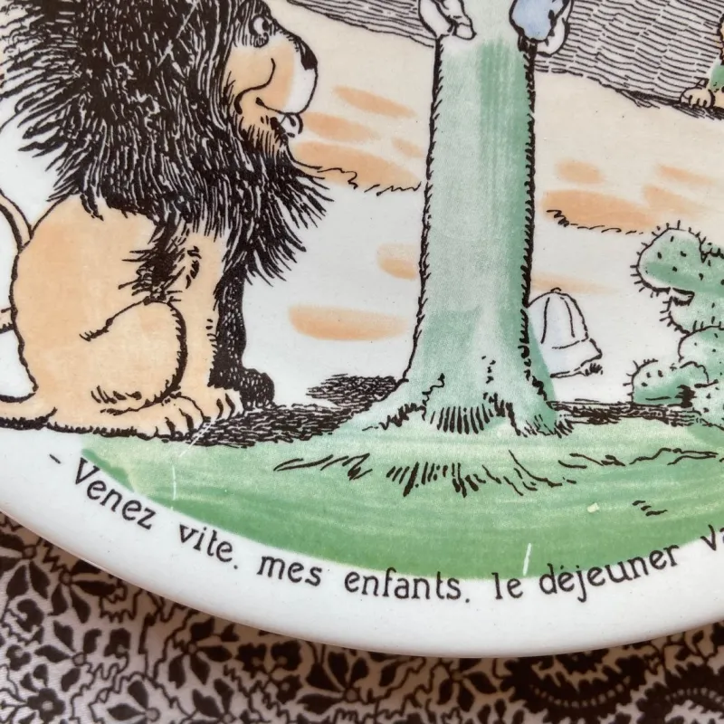 Pamono French Plates by Benjamin Rabier for Sarreguemines, 1930s, Set of 6> Dinner Plates & Bowls