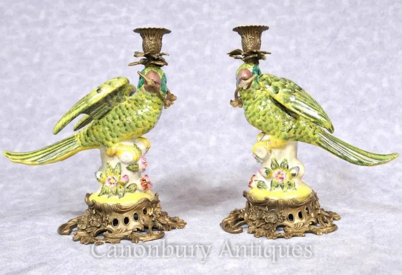 Hot Pamono French Porcelain Parrot Candleholders, Set of 2