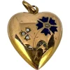 New Pamono French Puffy Love Heart Flowers 18k Yellow Gold Enamel Pearl Pendant, 1890s