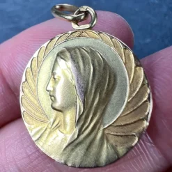 Pamono French Religious Virgin Mary 18k Yellow Gold Medal Pendant, 1890s><noscript><img width=
