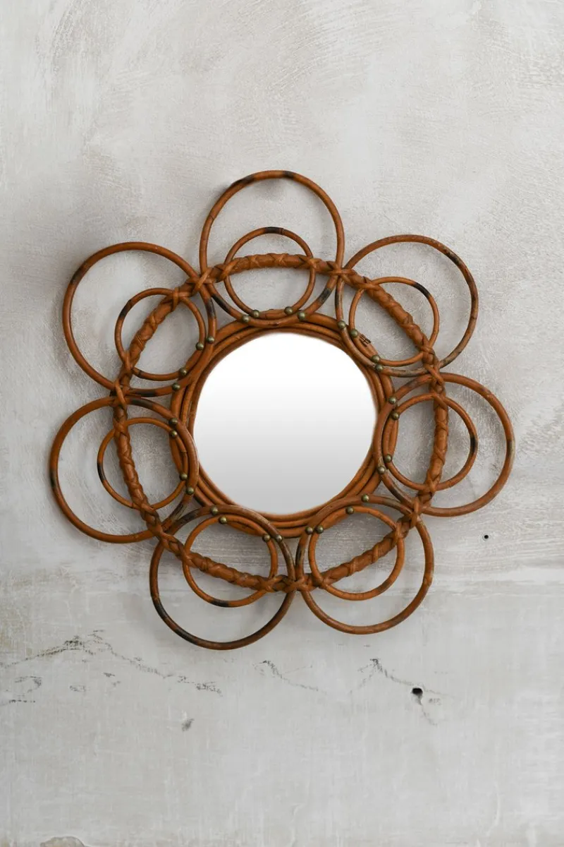 Pamono French Riviera Flower Rattan Sunburst Mirror, 1960s> Mirrors