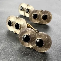 Sale Pamono French Rock Crystal Onyx and Diamond 18k Yellow Gold Platinum Cufflinks, 1920s, Set of 2