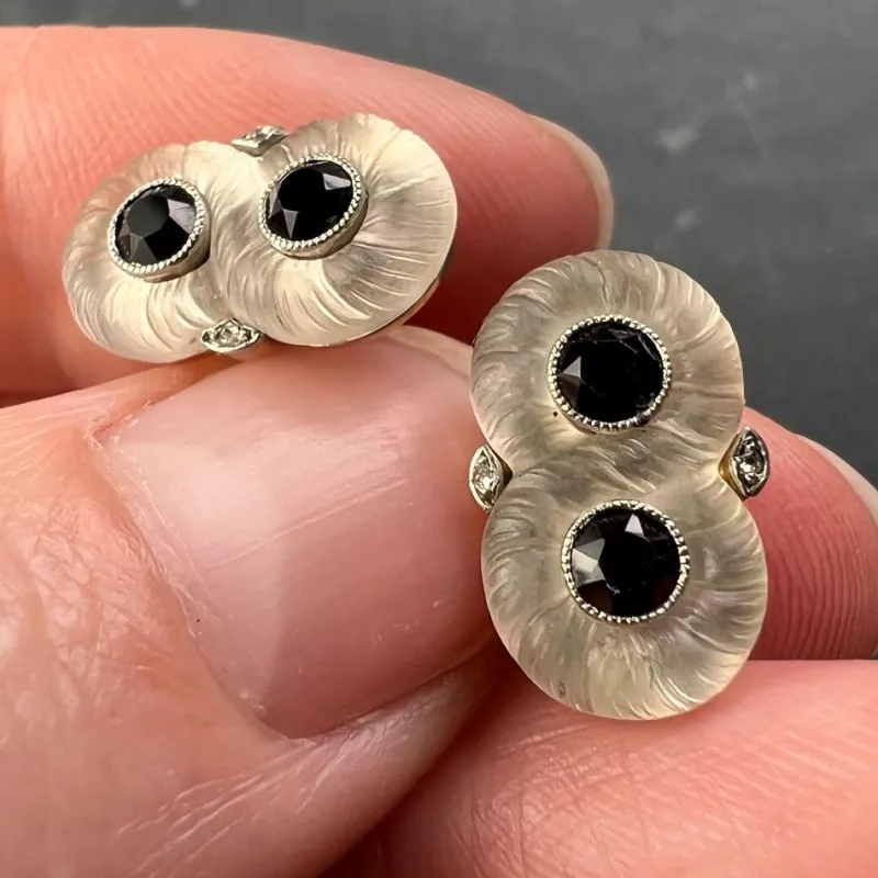 Sale Pamono French Rock Crystal Onyx and Diamond 18k Yellow Gold Platinum Cufflinks, 1920s, Set of 2