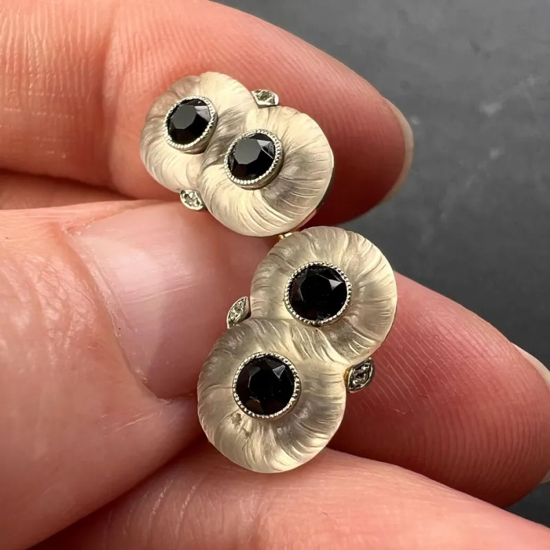 Sale Pamono French Rock Crystal Onyx and Diamond 18k Yellow Gold Platinum Cufflinks, 1920s, Set of 2