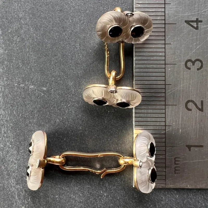 Sale Pamono French Rock Crystal Onyx and Diamond 18k Yellow Gold Platinum Cufflinks, 1920s, Set of 2