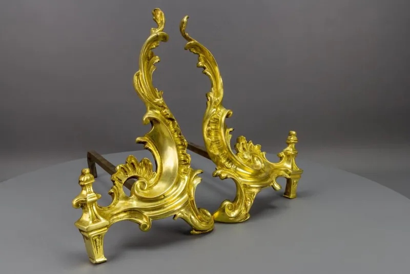 Pamono French Rococo Style Gilt Bronze and Iron Firedogs, 1890s, Set of 2> Fireplaces And Mantels