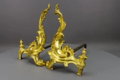 Pamono French Rococo Style Gilt Bronze and Iron Firedogs, 1890s, Set of 2><noscript><img width=