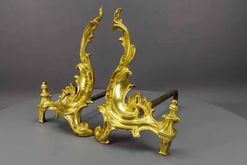 Pamono French Rococo Style Gilt Bronze and Iron Firedogs, 1890s, Set of 2> Fireplaces And Mantels