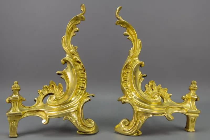 Pamono French Rococo Style Gilt Bronze and Iron Firedogs, 1890s, Set of 2> Fireplaces And Mantels