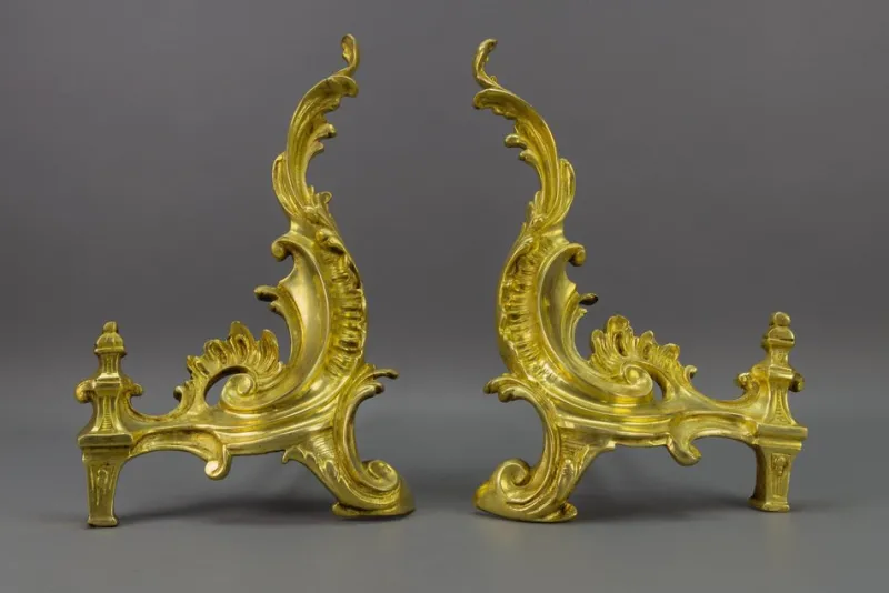 Pamono French Rococo Style Gilt Bronze and Iron Firedogs, 1890s, Set of 2> Fireplaces And Mantels