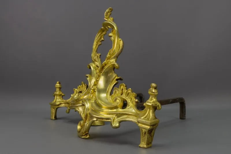 Pamono French Rococo Style Gilt Bronze and Iron Firedogs, 1890s, Set of 2> Fireplaces And Mantels